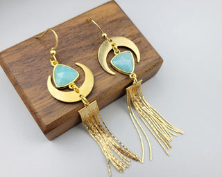 Asymmetrical Amazonite Earrings: Gold Crescent Moon Tassel Earrings