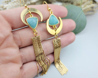 Asymmetrical Amazonite Earrings: Gold Crescent Moon Tassel Earrings