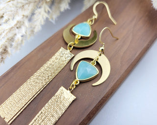 Asymmetrical Amazonite Earrings: Gold Crescent Moon Tassel Earrings