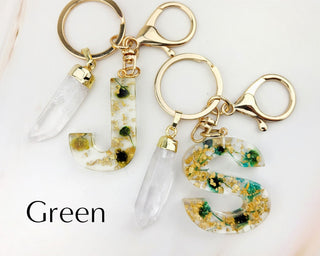Dried Flower Initial Keychain: Crystal Quartz Resin Keyring