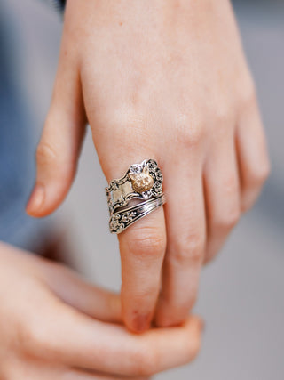 Vintage Spoon Ring: Brass Cat, Floral Copper Wrap Ring