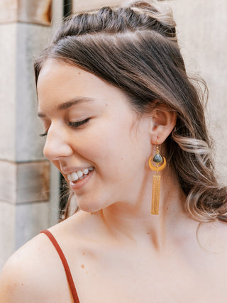 Long Labradorite Earrings: Mismatched Moon Tassel Design