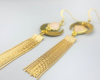 Asymmetrical Rose Quartz Tassel Earrings: Gold Crescent Moon Jewelry