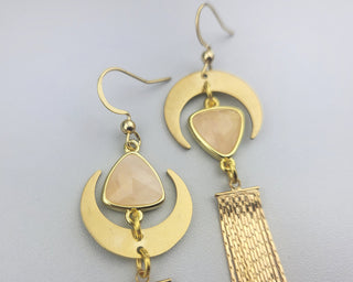 Asymmetrical Rose Quartz Tassel Earrings: Gold Crescent Moon Jewelry