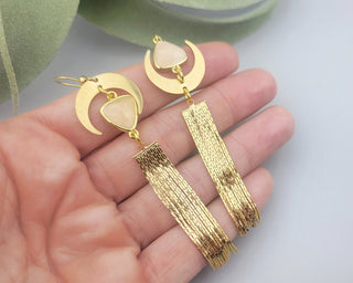 Asymmetrical Rose Quartz Tassel Earrings: Gold Crescent Moon Jewelry