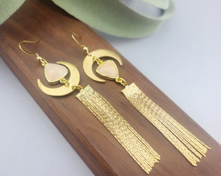 Asymmetrical Rose Quartz Tassel Earrings: Gold Crescent Moon Jewelry