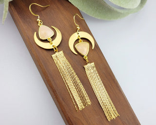 Asymmetrical Rose Quartz Tassel Earrings: Gold Crescent Moon Jewelry