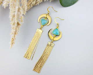 Asymmetrical Amazonite Earrings: Gold Crescent Moon Tassel Earrings