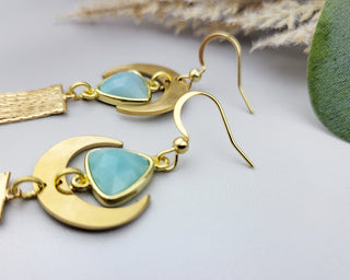 Asymmetrical Amazonite Earrings: Gold Crescent Moon Tassel Earrings