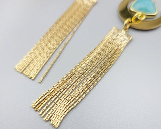 Asymmetrical Amazonite Earrings: Gold Crescent Moon Tassel Earrings