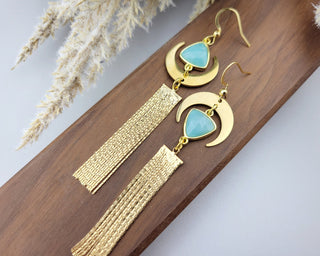 Asymmetrical Amazonite Earrings: Gold Crescent Moon Tassel Earrings