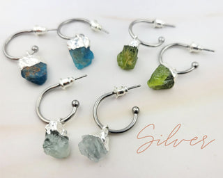 Raw Birthstone Hoop Earrings: Stainless Steel Dangle Hoops