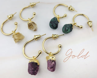 Raw Birthstone Hoop Earrings: Stainless Steel Dangle Hoops