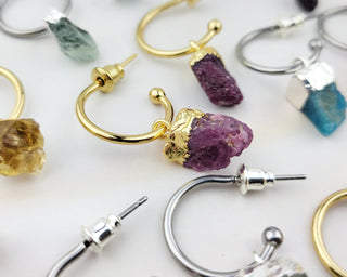 Raw Birthstone Hoop Earrings: Stainless Steel Dangle Hoops