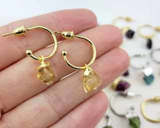 Raw Birthstone Hoop Earrings: Stainless Steel Dangle Hoops