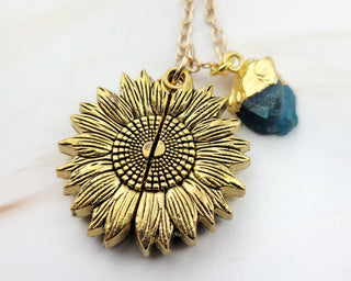 Birthstone Sunflower Necklace: Gold Pendant with Hidden Affirmation