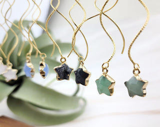 Gold Star Threader Earrings | Crystal Earrings with Affirmation Card | Hypoallergenic Pull Through Earrings