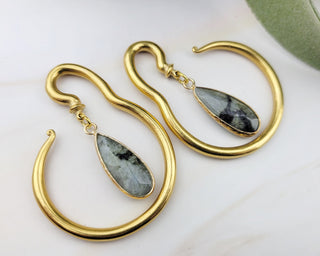 Labradorite Ear Weights: Gold Stainless Steel Hangers, Stretched Ears