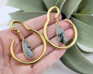 Labradorite Ear Weights: Gold Stainless Steel Hangers, Stretched Ears