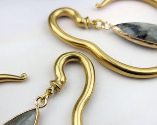 Labradorite Ear Weights: Gold Stainless Steel Hangers, Stretched Ears