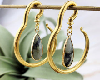Labradorite Ear Weights: Gold Stainless Steel Hangers, Stretched Ears