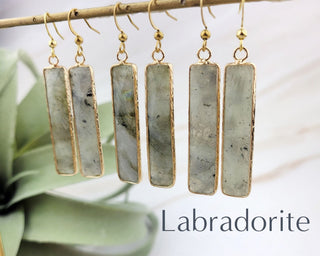 18K Gold Crystal Earrings - Gift For Her - Rectangle Bar Amazonite Rose Quartz