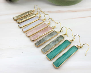 18K Gold Crystal Earrings - Gift For Her - Rectangle Bar Amazonite Rose Quartz
