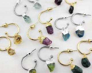 Raw Birthstone Hoop Earrings: Stainless Steel Dangle Hoops
