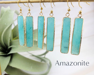 18K Gold Crystal Earrings - Gift For Her - Rectangle Bar Amazonite Rose Quartz