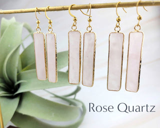 18K Gold Crystal Earrings - Gift For Her - Rectangle Bar Amazonite Rose Quartz