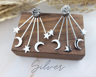 Silver Moon Star Earrings - Ear Jacket - Celestial-Inspired Space Jewelry