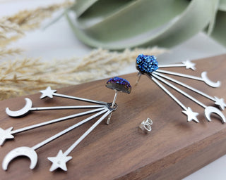 Silver Moon Star Earrings - Ear Jacket - Celestial-Inspired Space Jewelry