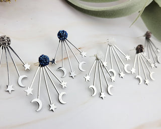 Silver Moon Star Earrings - Ear Jacket - Celestial-Inspired Space Jewelry