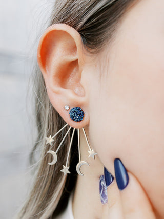Silver Moon Star Earrings - Ear Jacket - Celestial-Inspired Space Jewelry