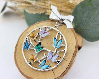 Family Birthstone Brooch: Silver Tree of Life Pin with Recycled Paper Butterflies