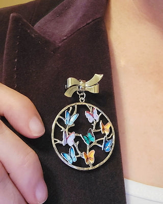 Family Birthstone Brooch: Silver Tree of Life Pin with Recycled Paper Butterflies