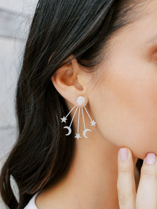 Silver Moon Star Earrings - Ear Jacket - Celestial-Inspired Space Jewelry