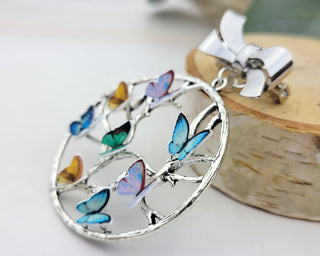Family Birthstone Brooch: Silver Tree of Life Pin with Recycled Paper Butterflies