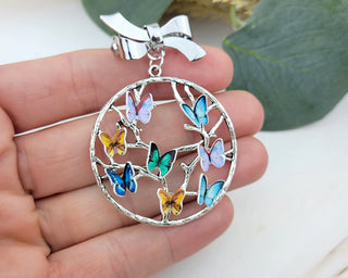 Family Birthstone Brooch: Silver Tree of Life Pin with Recycled Paper Butterflies