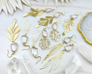 Gold Formal Earrings - Duster Earrings - Monstera Art Deco - Wedding Bridal Jewelry