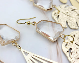 Gold Formal Earrings - Duster Earrings - Monstera Art Deco - Wedding Bridal Jewelry