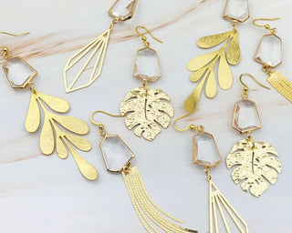 Gold Formal Earrings - Duster Earrings - Monstera Art Deco - Wedding Bridal Jewelry