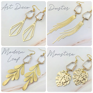 Gold Formal Earrings - Duster Earrings - Monstera Art Deco - Wedding Bridal Jewelry