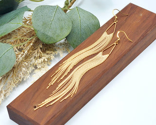 Gold Tassel Earrings: Stainless Steel Herringbone Fringe, 5in Drop