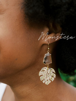 Gold Formal Earrings - Duster Earrings - Monstera Art Deco - Wedding Bridal Jewelry