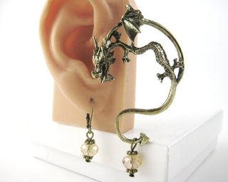 Dragon Ear Cuff: Mismatched Climber Earrings with Crystal Dangle