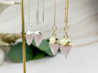 Rose Quartz Arrowhead Threader Earrings: Gold or Silver