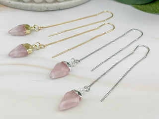 Rose Quartz Arrowhead Threader Earrings: Gold or Silver