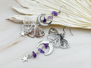 Amethyst Earrings - Butterfly Moth Boho Jewelry - Asymmetrical Moon Phase Celestial Mystical - Affirmation Jewelry