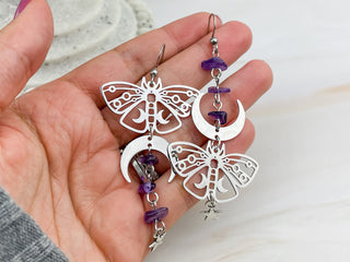 Amethyst Earrings - Butterfly Moth Boho Jewelry - Asymmetrical Moon Phase Celestial Mystical - Affirmation Jewelry